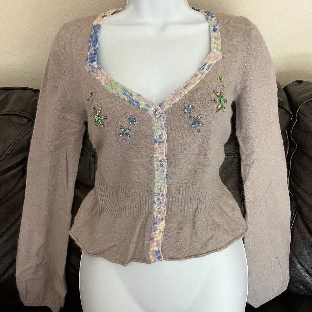 Free People Beige Cardigan with Floral Embellishments